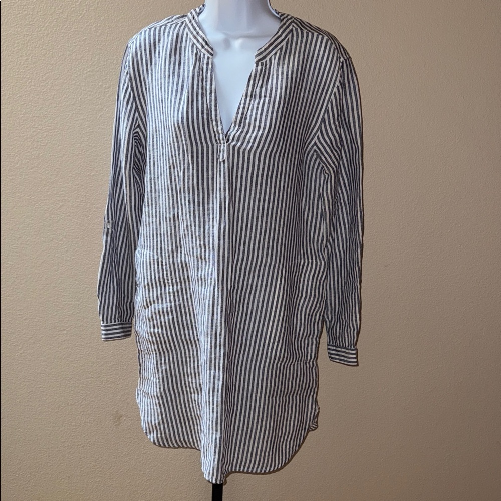 Tahari Black and White Striped Linen Tunic Roll Tab Long Sleeve V-Neck Dress